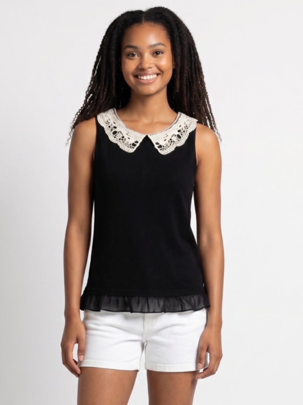 Vintage Joseph A • Black Sleeveless Blouse • French-Inspired  Lace Collar,S